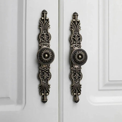 Antique Bronze Cabinet Pulls With Plate, 6.5 Inch Zinc Alloy Handles Set Of Six With Screws installed on white doors