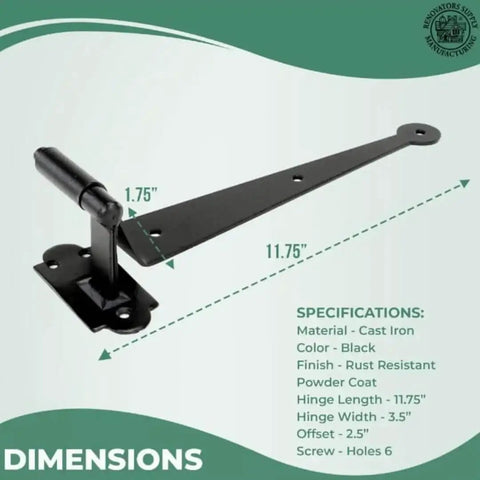 Heavy Duty Black Cast Iron Pintle Strap Hinges Pack Of 30, 11.75 Inch Length, 2.5 Inch Offset, Colonial Lift Off