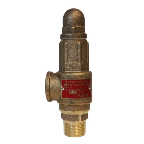 Merrill 1in brass pressure relief valve, no-lead, contractor-grade, factory-set to 75 PSI