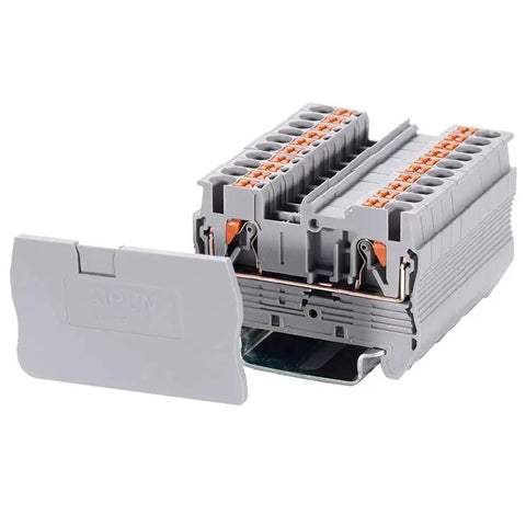 No Fuss Push In Din Rail Terminal Block Screwless 2.5mm PT Type With Cover End Stop Jumper 50 Pack, front connection, PA66 housing.