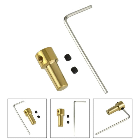 Front view of brass JTO base collet sleeve adapter with 3.17 mm bore, two screws, and an L-shaped hex key.
