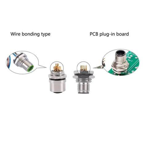 M12 5 Pin Female Connector Cable A Coded Straight Back Mount Waterproof Aviation Socket IP67 in wire bonding and PCB view