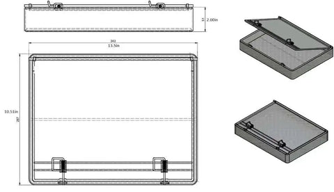 Diagram showing dimensions of Stainless Steel Mesh Parts Washing Basket With Double Locking Lid For Secure Storage And Deep Cleaning, Rust Resistant Heavy Duty Organizer Tray For Workshops And Garages, 13.5 x 10.5 x 3 In.