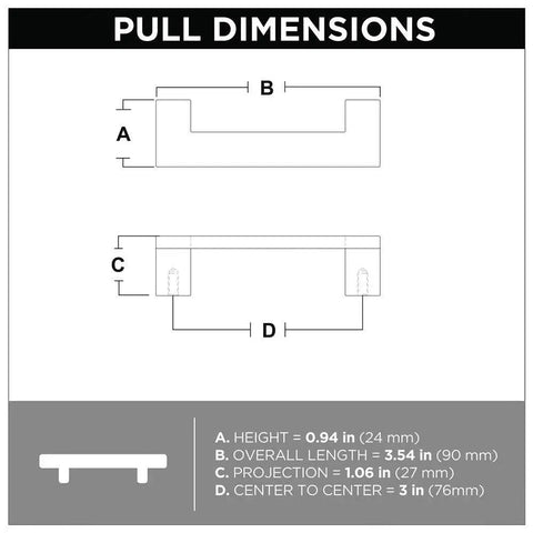 Diagram showing dimensions of Mirrored Cabinet Handles 10 Pack Center To Center 3 Inch Brushed Copper Kitchen Drawer Pulls