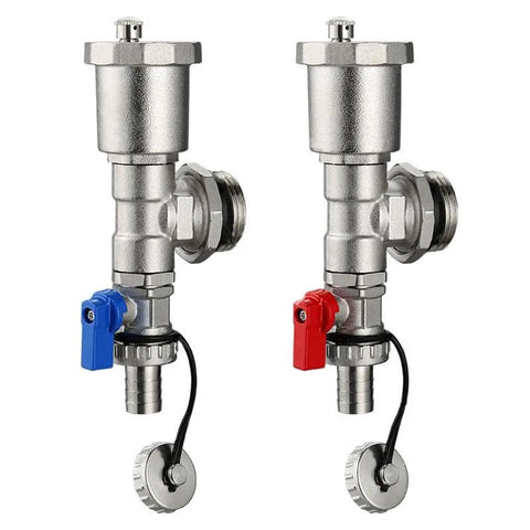 YUFUYEK 5-branch PEX radiant heat manifold, 1/2-inch adapters, 304 stainless steel, blue and red valve handles (2 units)