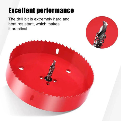 Four And A Half Inch Bimetal Hole Saw With Arbor For Metal Wood Plastic 114mm Cutter showing red saw blade and arbor.