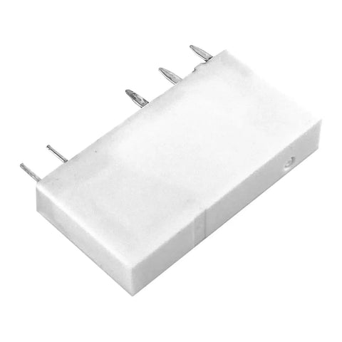 Side view of Beefy 5 Pin Relay 60VDC 6A And 250VAC SPDT DIN Rail Mount Industrial Relay, white plastic casing with metal pins.