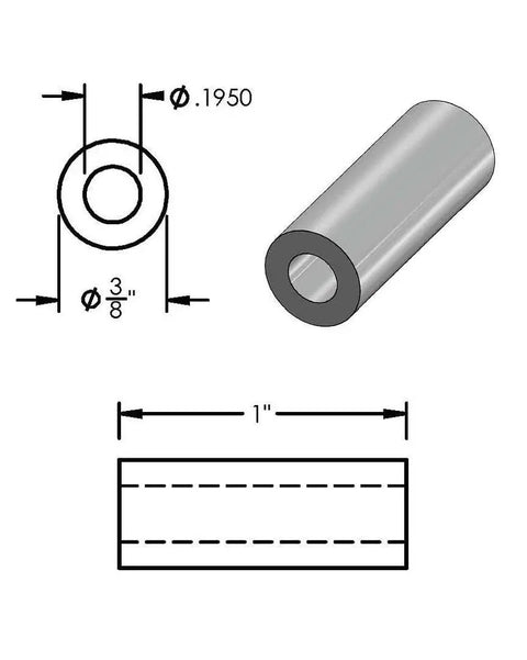Lightweight aluminum spacer standoff with three eighths inch outer diameter and three sixteenths inch inner bore, unthreaded round profile