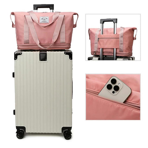 Expandable Travel Tote Bag With Trolley Sleeve And Wheels on suitcase, waterproof pink oxford, pocket holding phone