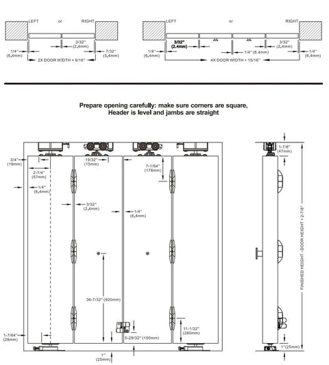 Technical diagram of a 30 Inch Bifold Door Hardware Kit For Two Doors Aluminum Sliding Barn Door Top Mounted including measurements and layout.