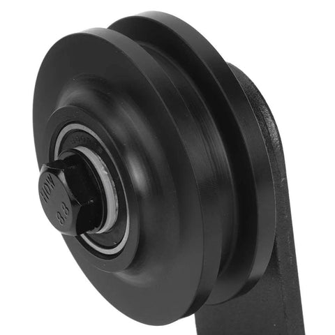 Close-up of quiet rolling wheel from Heavy Duty Carbon Steel Sliding Barn Door Hardware Kit for greenhouse and agricultural doors.