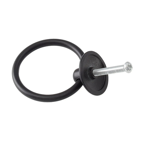 12 Pack Ring Drawer Pull Handles For Cabinets And Drawers, zinc alloy dresser knobs in black finish, 1.8 inch outer diameter, showing mounting screw
