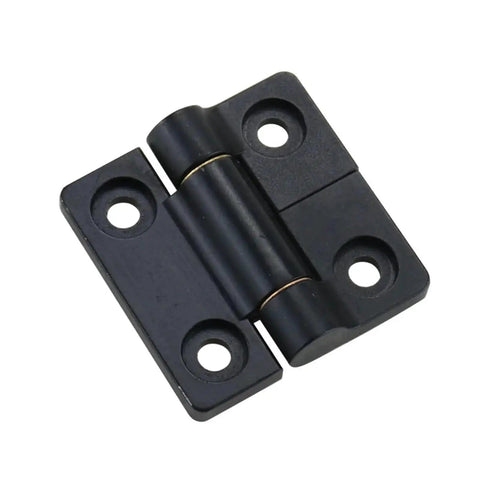 Close-up view: zinc alloy torque square damper hinge, matte black, four screw holes, 2.0N.m