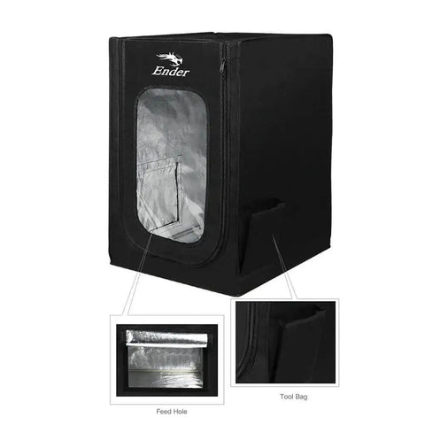 Fireproof And Dustproof 3D Printer Enclosure Tent with Constant Temperature Control for Ender Series, side view with tool bag.