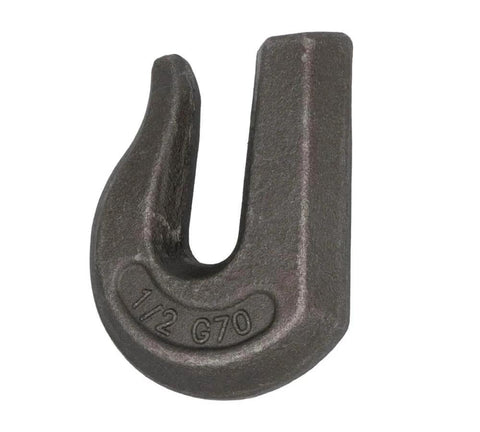 Close-up of a G70 Weld On Chain Grab Hook, half-inch heavy duty forged steel hook with 6600 lbs WLL, ideal for truck and flatbed rigging.
