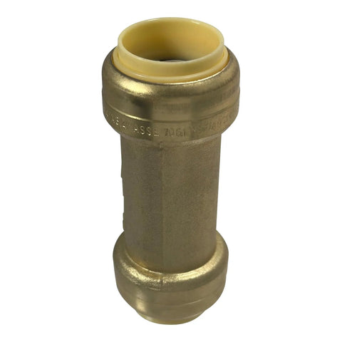 Brass push-fit check valve, 3/4 in x 3/4 in, white plastic insert, plumbing fitting for copper/PEX/CPVC