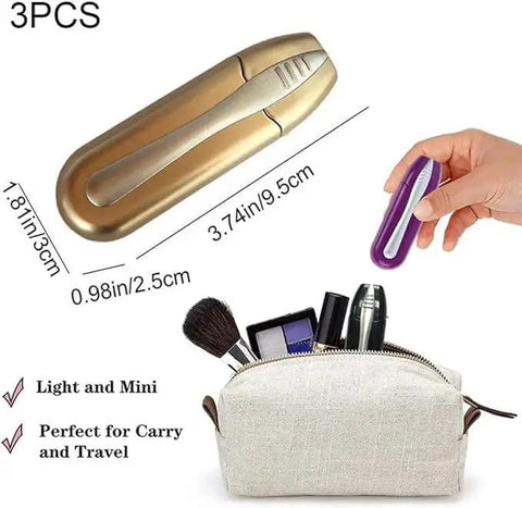 Portable Eyeglasses Cleaner Kit With Microfiber Cloths for Travel and Daily Use shown with dimensions next to a makeup bag.