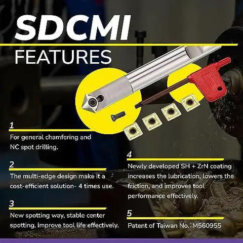Versatile Workhorse Spotting And Chamfering Set With 4 Edge Indexable Inserts At 45 Degree 16 Mm By 120 Mm Shank Includes Holder Five Inserts And Tool ZrN Coating Speed Tiger, product features highlighted.