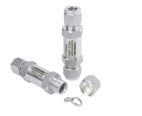 304 Stainless Steel Compression Union Filter Valve for High Purity Gas Systems Ideal for Nitrogen and Hydrogen, shown disassembled and upright.