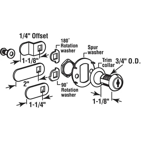 Diagram of Diecast Keyed Alike Drawer And Cabinet Lock With Three Cams Trim Collar Two Washers Two Keys And Fasteners