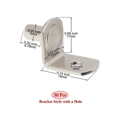 5mm Shelf Support Pegs 50 Pack With Hole L Shaped Nickel Plated Pins for cabinets, side view dimensions shown