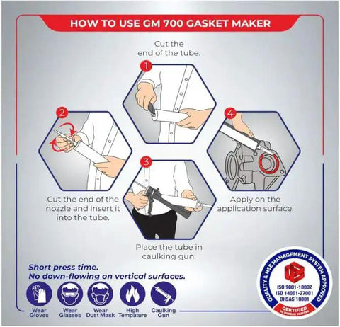 Instructions on using GM 700 Gasket Maker, showing step-by-step guide for applying High Temp RTV Silicone Gasket Maker And Sealant