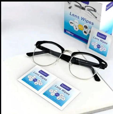Anti Fog Wipes For Glasses And Screens Pre Moistened Quick Dry 100 Pack with black-rimmed glasses on a white surface