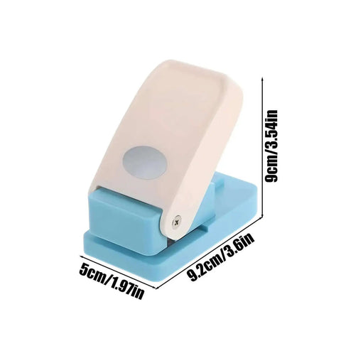 Portable Oval Tab Punch For Scrapbooking And Card Making, Compact steel hole cutter, blue and beige design with size dimensions shown.