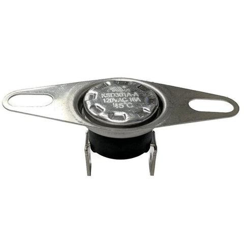 Midwest Hearth fireplace blower thermal switch, silver metal with mounting ears, 120V AC, 16A, 115° ON / 90° OFF