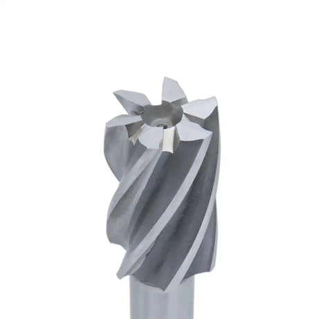 Front view of a cutter from Six Piece HSS End Mills Set For Bridgeport Milling Machines With Three Quarters Inch Weldon Shank