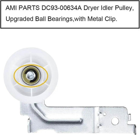 Single dryer idler pulley assembly with upgraded dual sealed ball bearings, replaces PD00032419, shown with metal bracket
