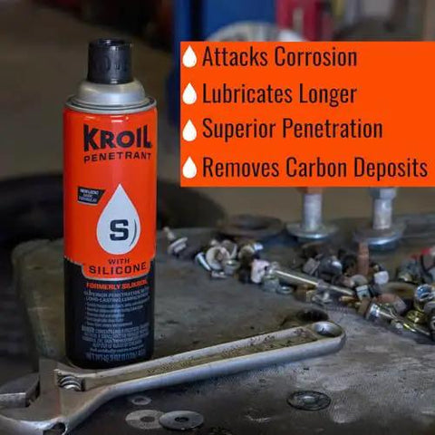 Front view of Kroil Penetrant aerosol can, red with black label, 16.5 oz, silicone formula, on a workbench.