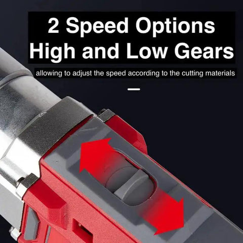 36V Cordless Metal Shear Cutter With Copper Motor Heavy Duty Tin Snip showing 2 speed options for sheet metal cutting