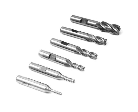 Premium 6 Piece 4 Flute High Speed Steel End Mill Set With Weldon Shank 3/8 Inch Center Cut Includes 1/8 3/16 1/4 5/16 3/8 And 1/2 Inch Sizes Stand Included For CNC Milling Tools on white background
