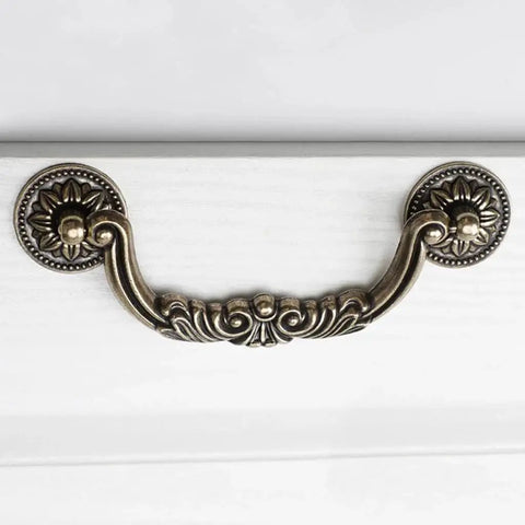 Set Of 6 Antique Bronze Drop Bail Cabinet Pulls With Carved Texture For Drawer Dresser And Closet Furniture, 5 Inch Hole Centers