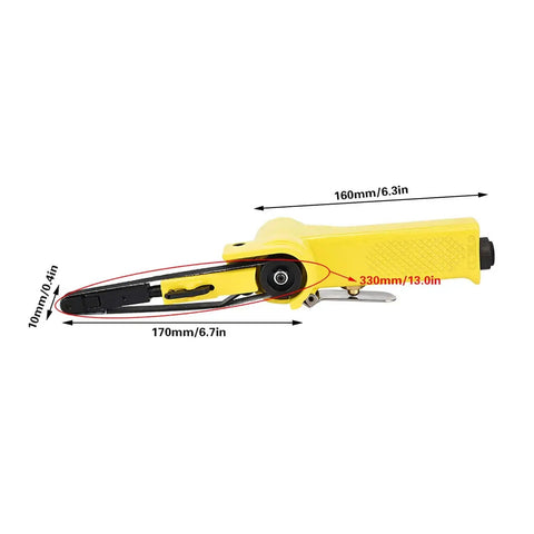 Side view of yellow Pneumatic Belt Sander Polisher For Grindin Welding Parts Burr Bustin And Chamferin With Quick Belt Change System.