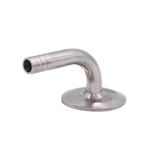 DERNORD sanitary 90-degree hose barb elbow, 1.5 in tri-clamp ferrule with flange base, stainless for 1/2 in tubing