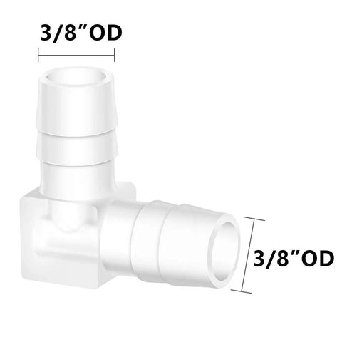 Plastic 3/8 in hose barb 90° elbow L-fitting, 2-way barbed, Amazon, pack of 5