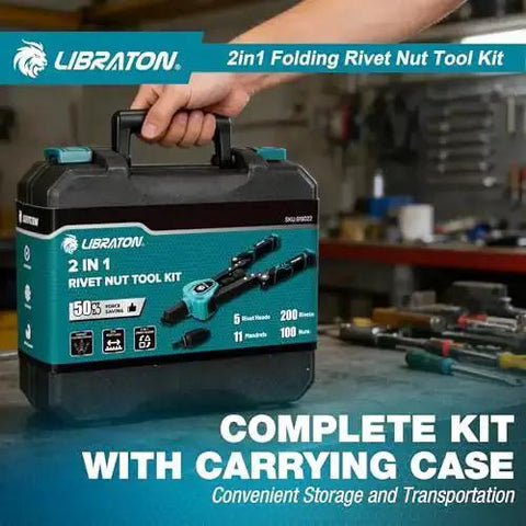 Two In One Rivet Nut Tool And Rivet Gun Kit with carrying case in workshop setting.