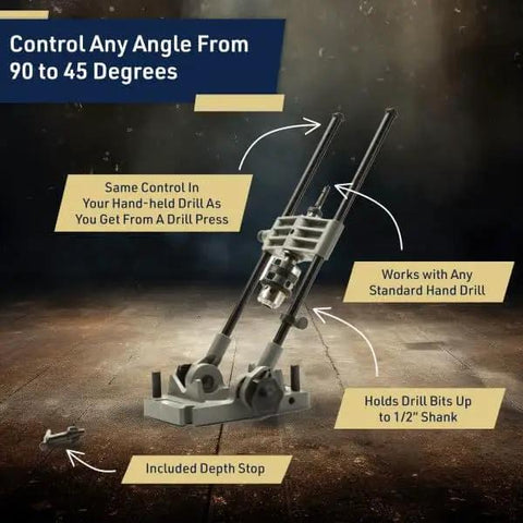 Portable Drill Guide Jig Converts Your Hand Drill Into A Portable Drill Press For Woodworking shown with depth stop and adjustable angle.