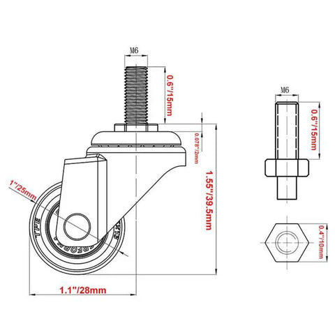 Technical diagram of 4 Pack 1 Inch Swivel Caster Wheels With Mini Threaded Stem M6x15mm Rubber TPE For Small Furniture And Equipment Ideal For Coffee Tables Plant Stands Bookshelves Shoe Bins Toy Bins Shopping Carts And Benches
