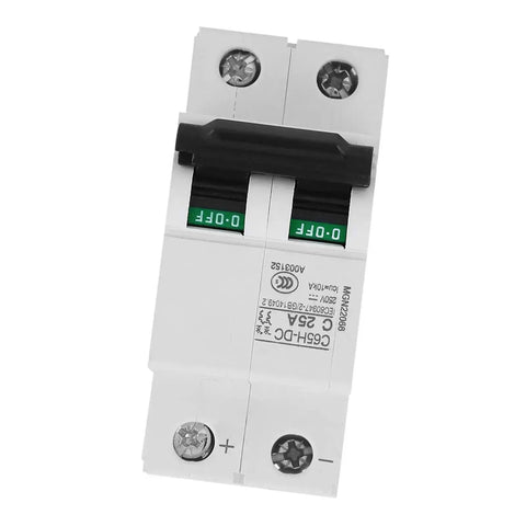 Front view of 2P Low Voltage DC Miniature Circuit Breaker For Solar Panel Grid Systems 25A, Fast Trip Protection Against Overloads.