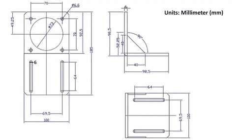 Technical drawing of 4 Pack Nema 23 Stepper Motor Mounting Brackets With Screws 57mm L Type Fixed Mounts, dimensions in millimeters.