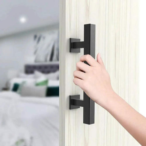 2 Pack 12 Inch Barn Door Handles With No Gap Flat Plate Design Heavy Duty Square Matte Black Sliding Barn Door Pull Handles Easy To Install Upgrade Back Plate Welded For Seamless Fit installed view