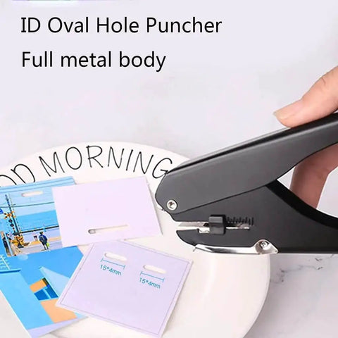 Oval Hole Puncher For Office Use 10 Sheet Capacity Adjustable Paper Depth Heavy Duty Metal Body Black Finish in use