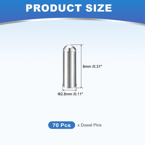 Must Have 70Pcs 2.8mm By 8mm Dowel Pins In 304 Stainless Steel Cylindrical Round Head Shelf Pegs Locating Pins For Bookshelves Cabinets And Furniture GB831 Silver Finish image showing one pin and dimensions.
