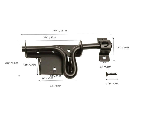 Black Heavy Duty Sliding Bolt Gate Latch With Padlock Hole Two Way Direction For Left Or Right Hand Doors And Gates Ideal For Sheds Fences Barn Doors Wood Gates Outdoor Yard Use, shown with dimensions and screws.
