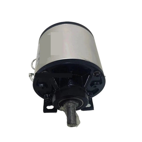 Electromagnetic clutch brake assembly with silver housing and black mounting base; driveshaft protrudes.