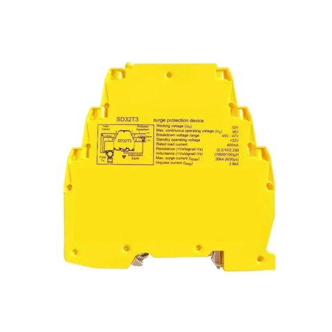 Three Terminal Surge Protection Device For DIN Rail SD32T3-3-Wire SPD Module shown from the front with specifications.