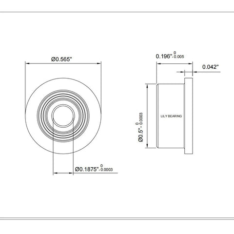 Flange ball bearing, 3/16 in bore, 0.565 in OD, double shielded, ABEC-1 chrome steel, Lily Bearing.